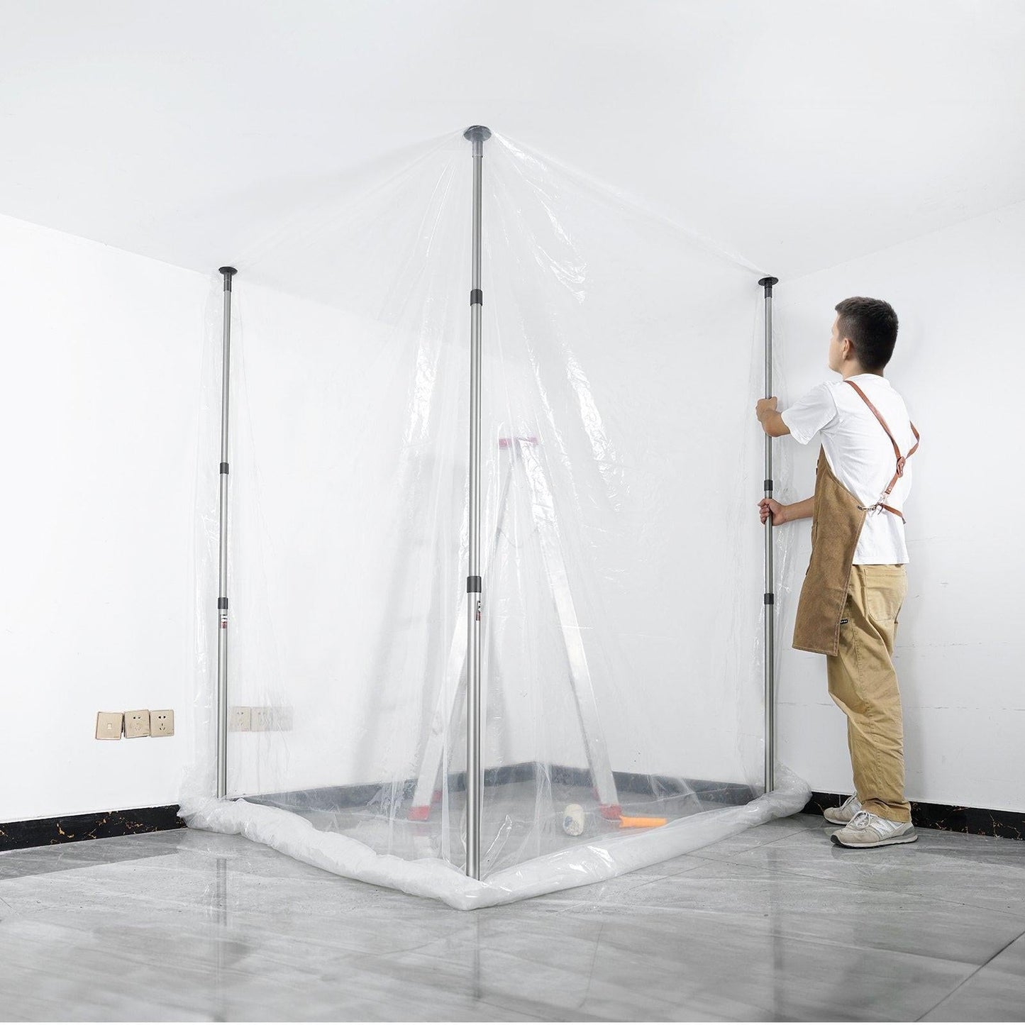 Dust Barrier Poles, 12 Ft Barrier Poles, Dust Barrier System with 4 Telescoping Poles, Magnetic Zipper, Carry Bag and 32.8x13.12 Ft Plastic Film, for Interior Decoration, Painting.