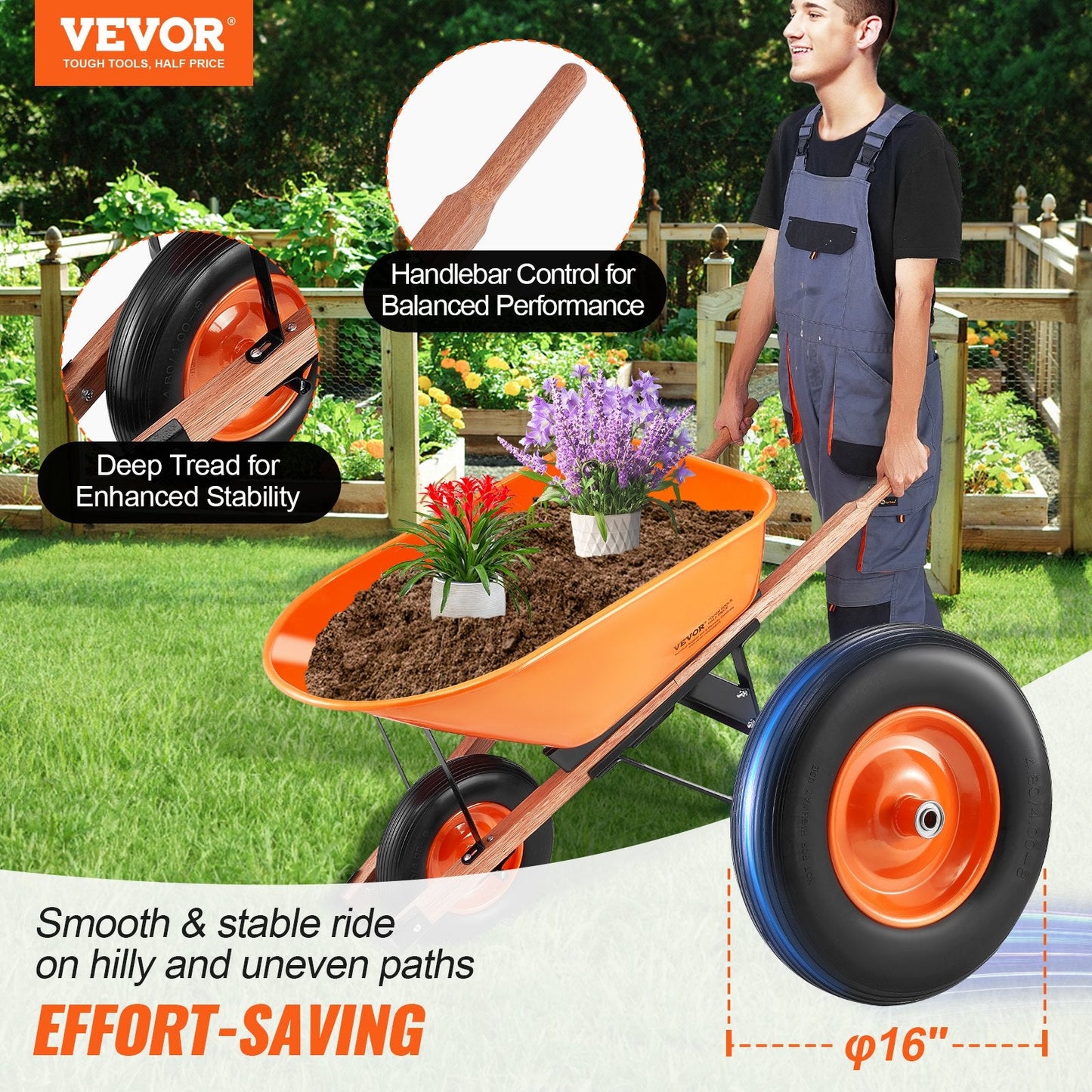 Wheelbarrow Cart One Wheel 6 Cu Ft Garden Dump Cart 330 lbs Utility Cart