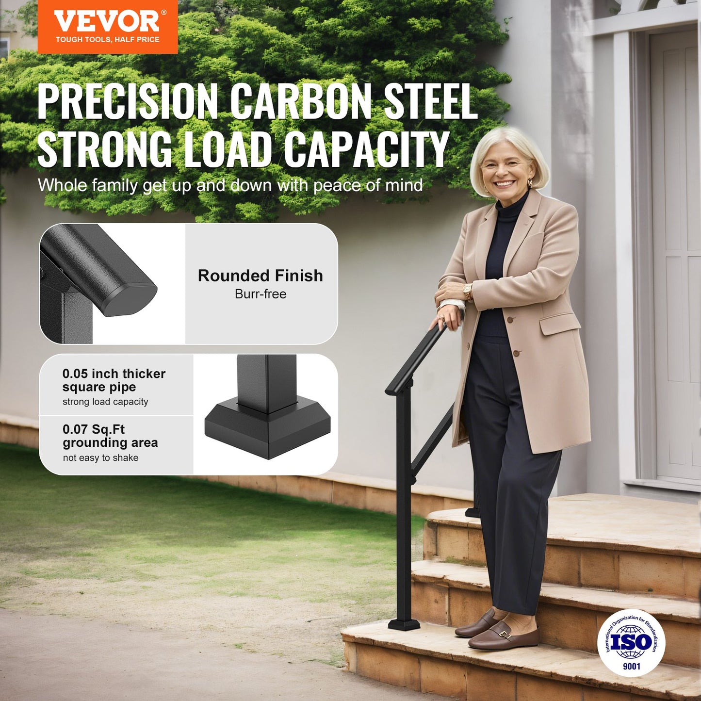 2 PCS 2-3 Handrails for Outdoor for Seniors Porch Deck Black Square Tube