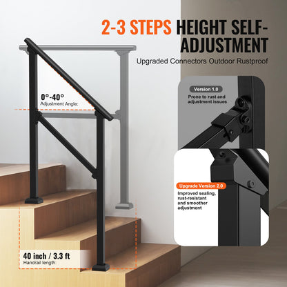 2 PCS 2-3 Handrails for Outdoor for Seniors Porch Deck Black Square Tube
