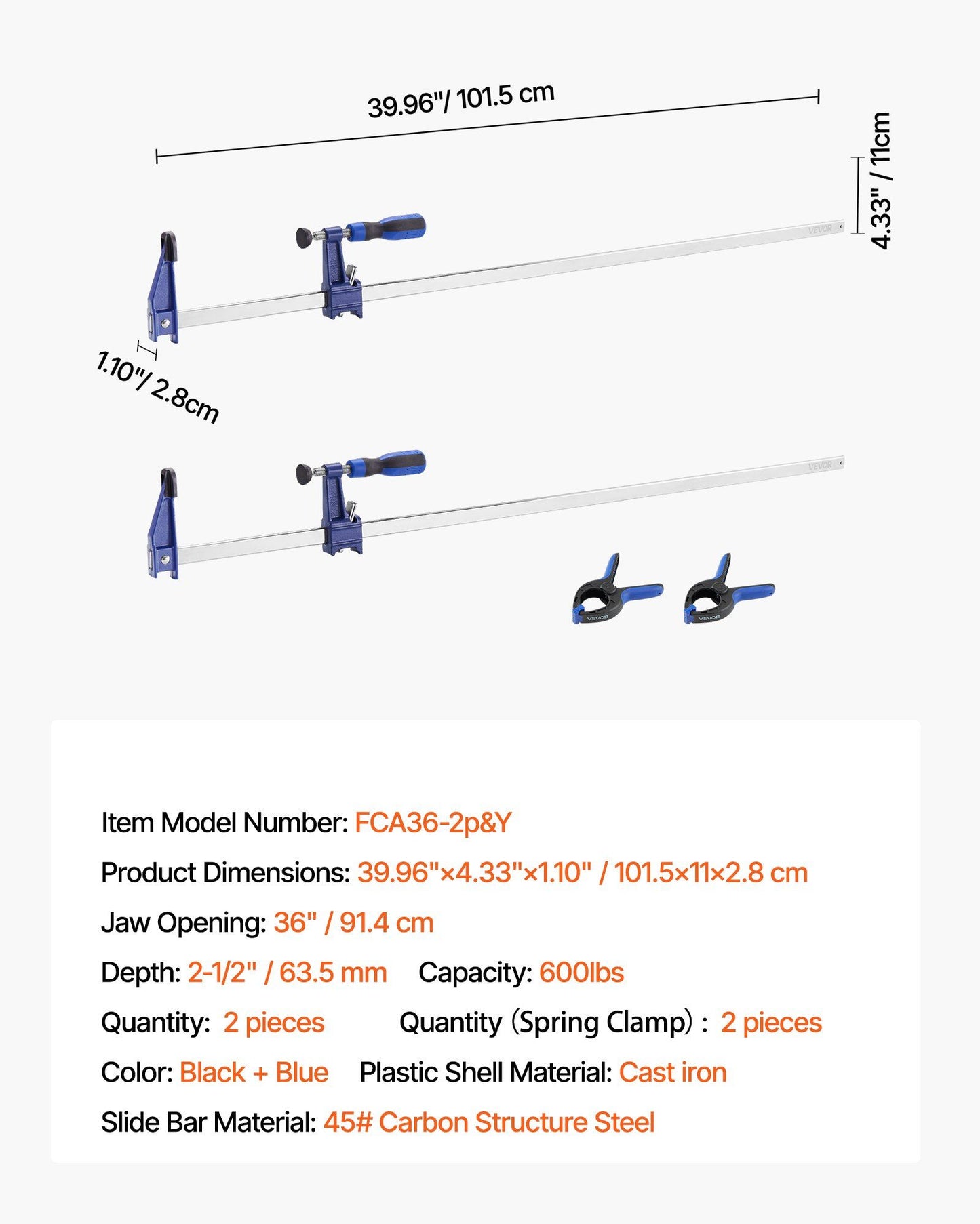 Bar Clamps for Woodworking, 2-Pack 91.4 cm Opening, Lockable F-Clamp with 272 kg Load Limit,63.5 mm Depth, Cast Iron and Carbon Steel, Easy to Use, Wood Clamps for Woodworking Metal Working
