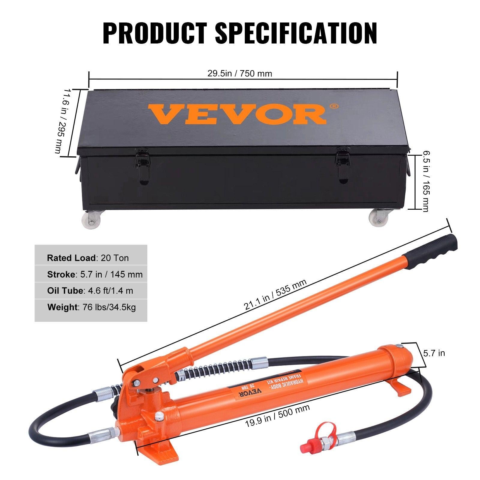 20 Ton Porta Power Kit, Portable Hydraulic Jack with 4.6 ft/1.4 m Oil Hose, Car Frame Repair Tool with Storage Case for Automotive, Heavy Equipment, Mechanic (44000 LBS).