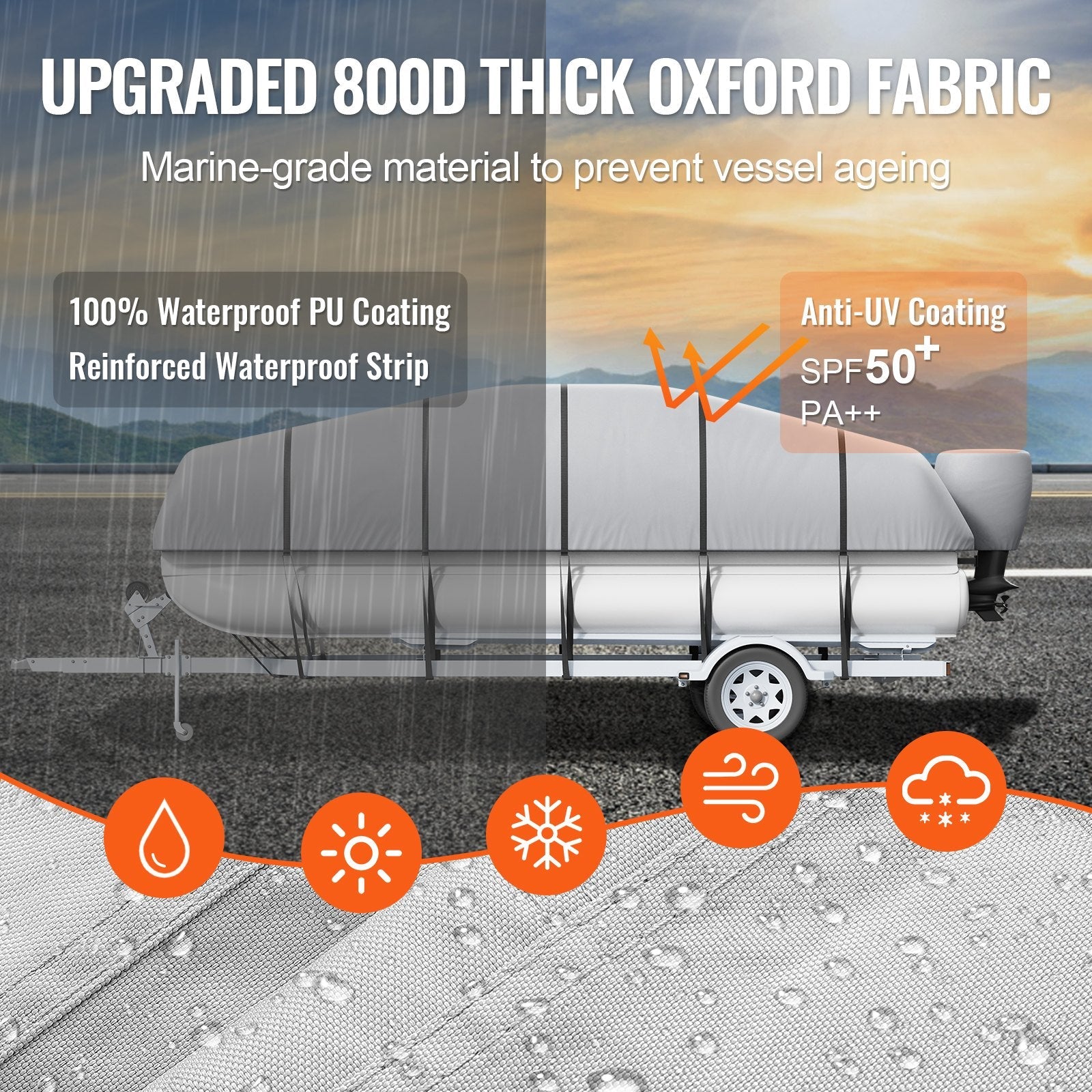 Pontoon Boat Cover 800D Waterproof Trailerable 19-20 ft with Storage Bag.