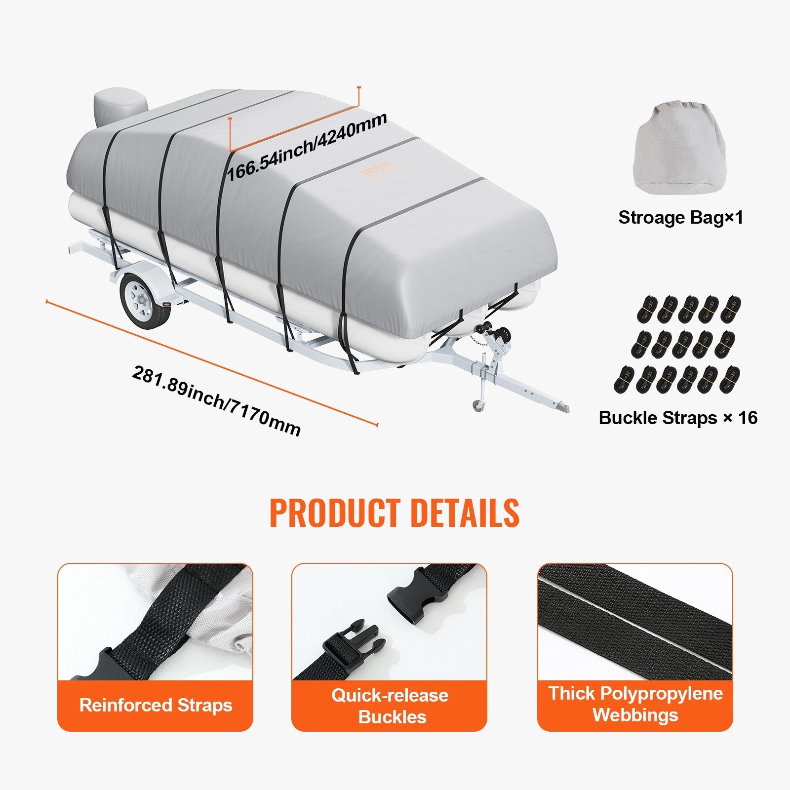 Pontoon Boat Cover 800D Waterproof Trailerable 19-20 ft with Storage Bag.