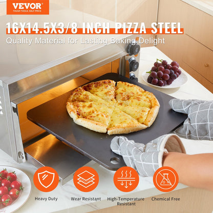 Pizza Steel, 16" x 14.5" x 3/8" Pizza Steel Plate for Oven, Pre-Seasoned Carbon Steel Pizza Baking Stone with 20X Higher Conductivity, Heavy Duty Pizza Pan for Outdoor Grill, Indoor Oven