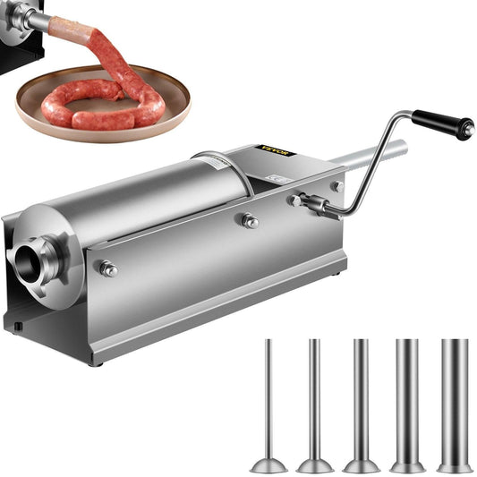Manual Sausage Stuffer, 5 L / 11 LBS Horizontal Sausage Machine, Dual-Speed Meat Stuffer, Made of Food-Grade 304 Stainless Steel, Includes 5 Stuffing Tubes, for Home Kitchen Restaurant Commercia.