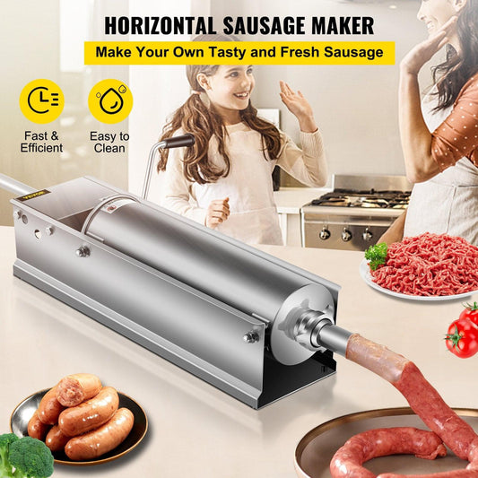 Manual Sausage Stuffer, 7 L / 15 LBS Horizontal Sausage Machine, Dual-Speed Meat Stuffer, Made of Food-Grade 304 Stainless Steel, Includes 5 Stuffing Tubes, for Home Kitchen Restaurant Commercia.