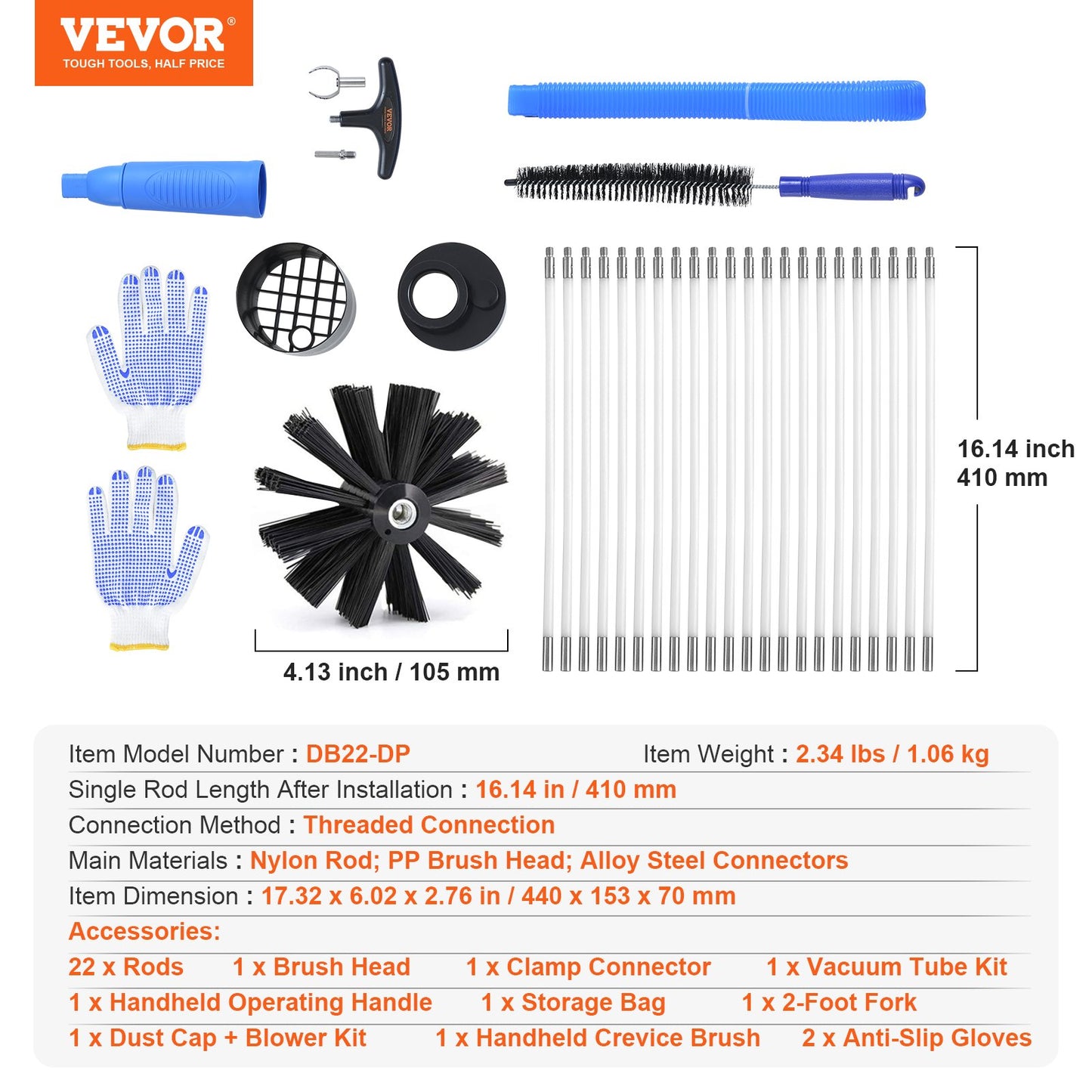 914.4CM Dryer Vent Cleaner Kit, 22 Pieces Duct Cleaning Brush, Reinforced Nylon Dryer Vent Brush with Complete Accessories, Dryer Cleaning Kit with Flexible Lint Trap Brush, Clamp Connectors