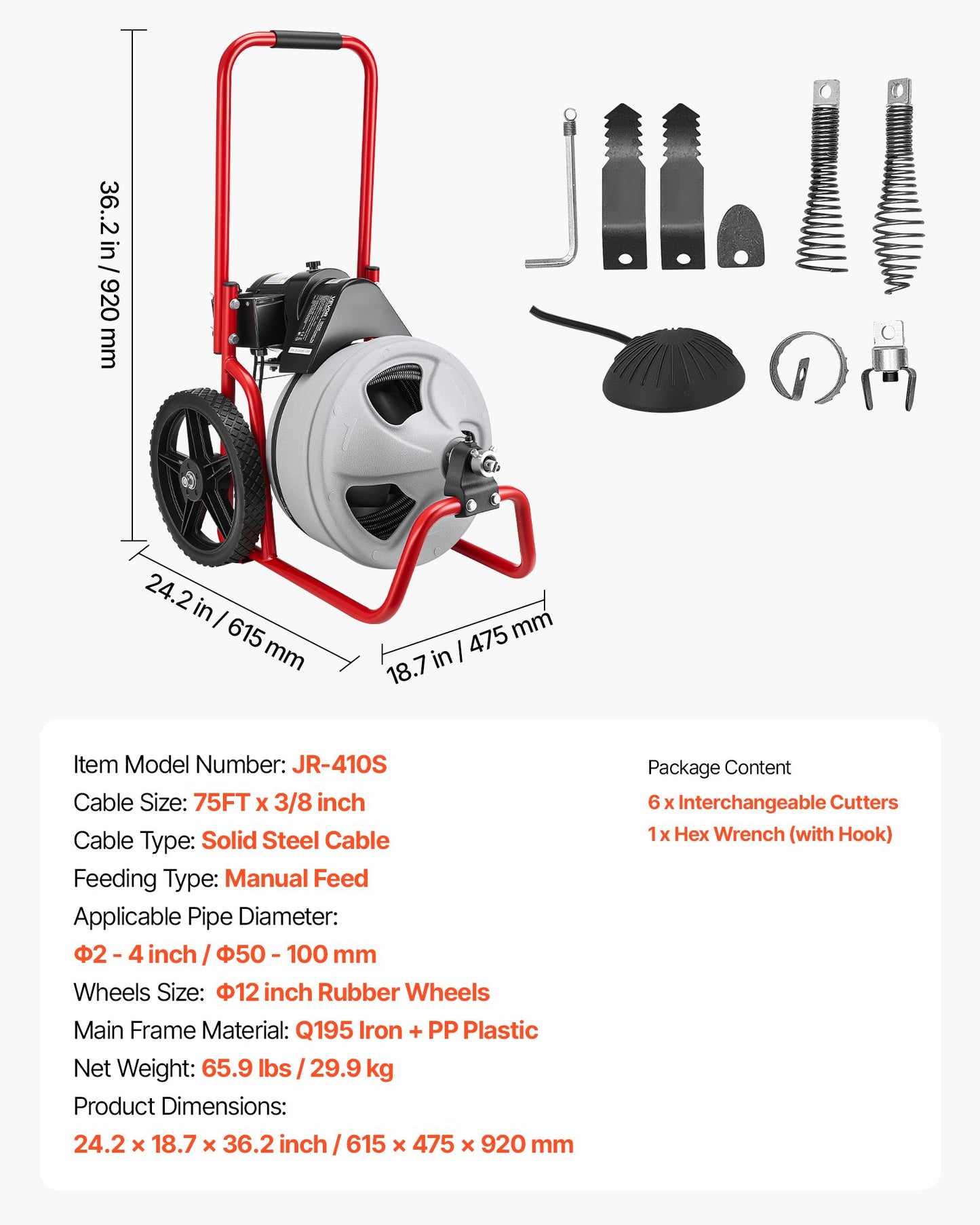 Drain Cleaner Machine 22m x 9.5mm, Sewer Snake Auger Manual Feed on Wheels, Portable Drain Cleaning Machine with 6 Cutters & Air-activated Foot Switch for 50mm to 100mm Pipes