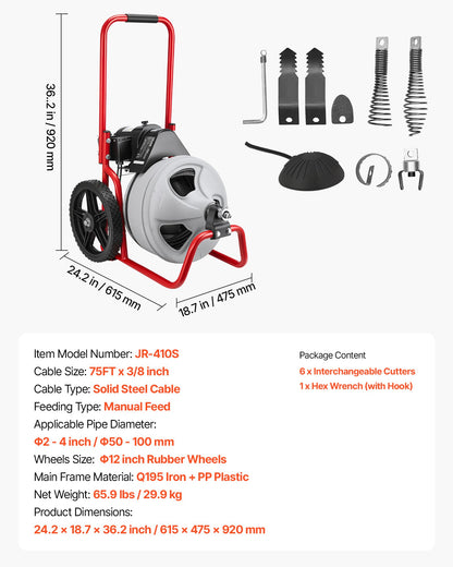 Drain Cleaner Machine 22m x 9.5mm, Sewer Snake Auger Manual Feed on Wheels, Portable Drain Cleaning Machine with 6 Cutters & Air-activated Foot Switch for 50mm to 100mm Pipes