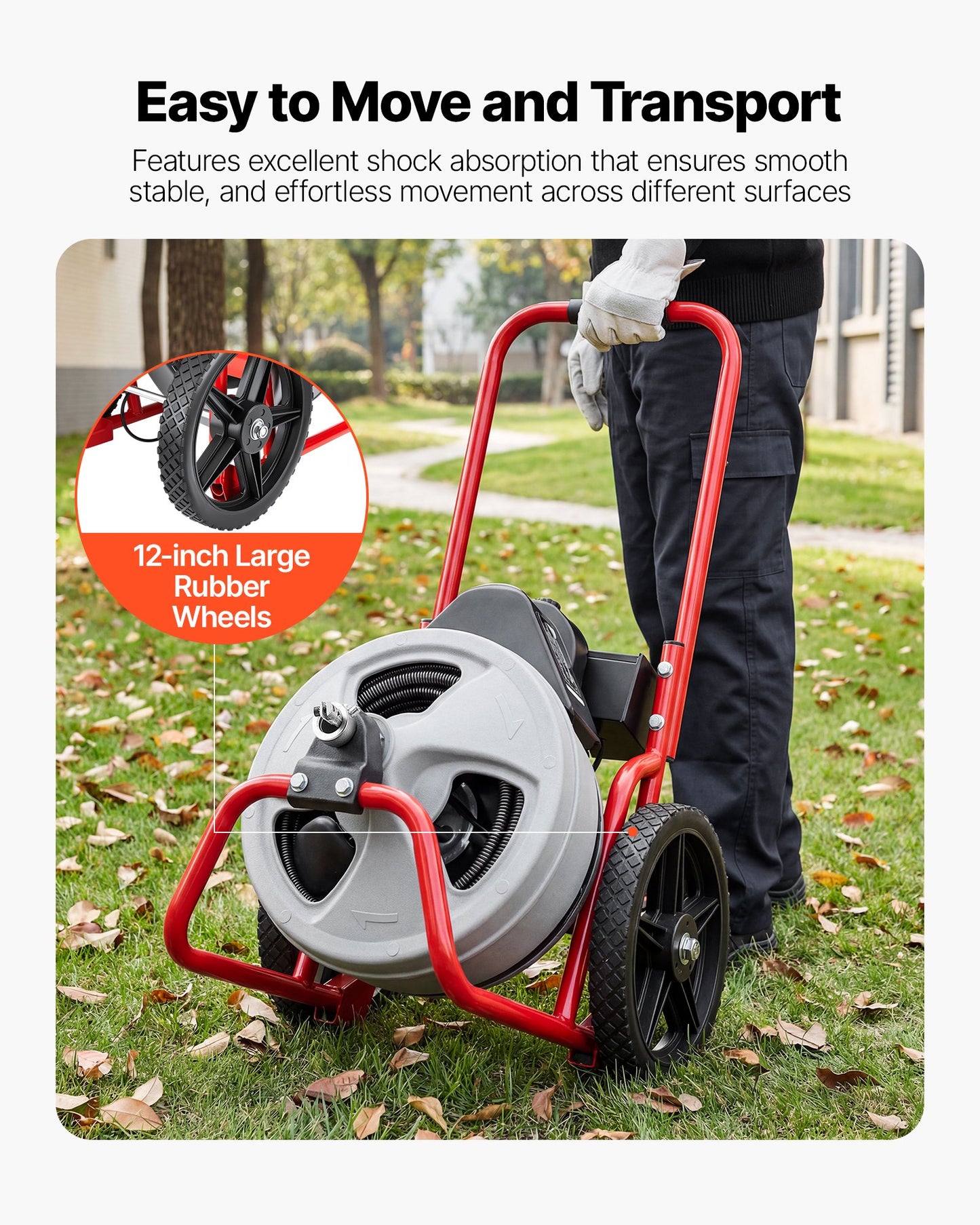 Drain Cleaner Machine 22m x 9.5mm, Sewer Snake Auger Manual Feed on Wheels, Portable Drain Cleaning Machine with 6 Cutters & Air-activated Foot Switch for 50mm to 100mm Pipes