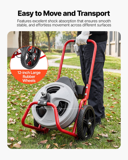 Drain Cleaner Machine 22m x 9.5mm, Sewer Snake Auger Manual Feed on Wheels, Portable Drain Cleaning Machine with 6 Cutters & Air-activated Foot Switch for 50mm to 100mm Pipes