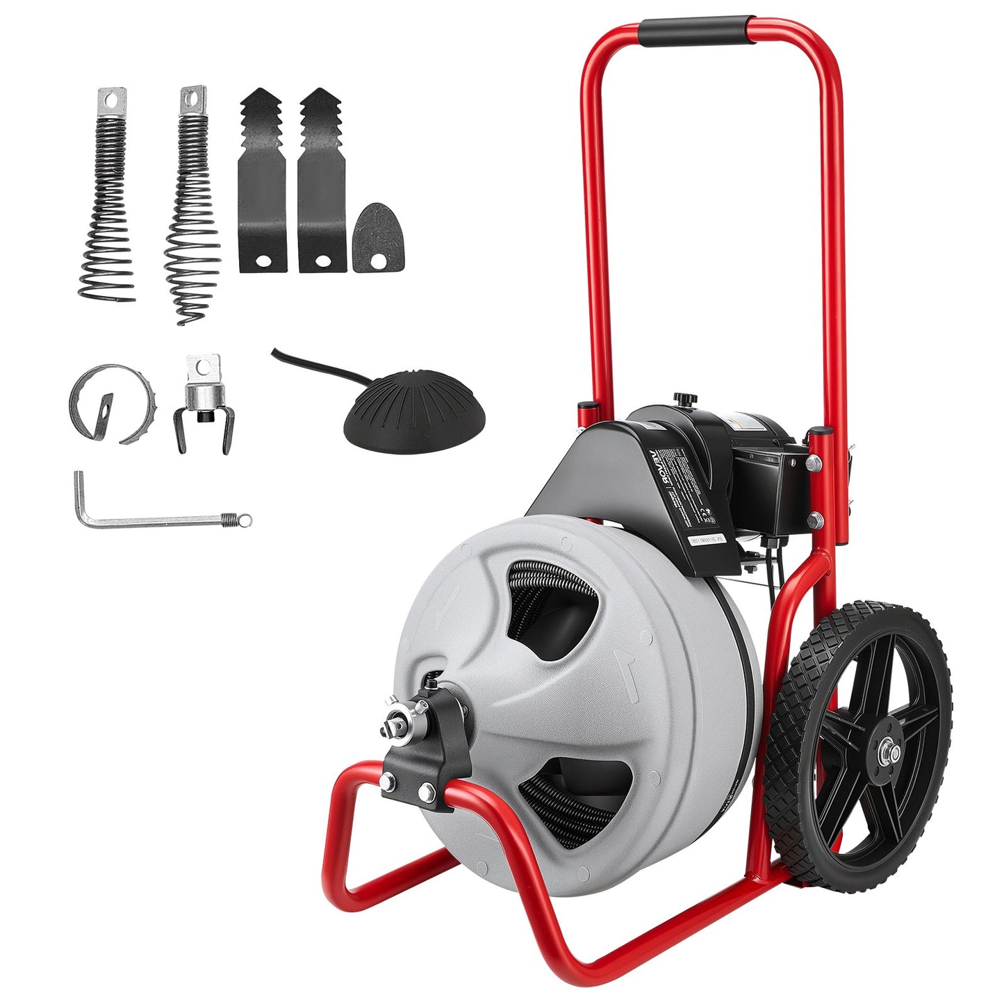 Drain Cleaner Machine 22m x 9.5mm, Sewer Snake Auger Manual Feed on Wheels, Portable Drain Cleaning Machine with 6 Cutters & Air-activated Foot Switch for 50mm to 100mm Pipes