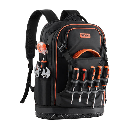 Tool Backpack, 65 Pockets, Heavy-duty Tools Storage Organizer Work Bags with Laptop Compartment & Molded Base, Electrician Jobsite Backpack for Electrician, Repairman, and HVAC Techs.