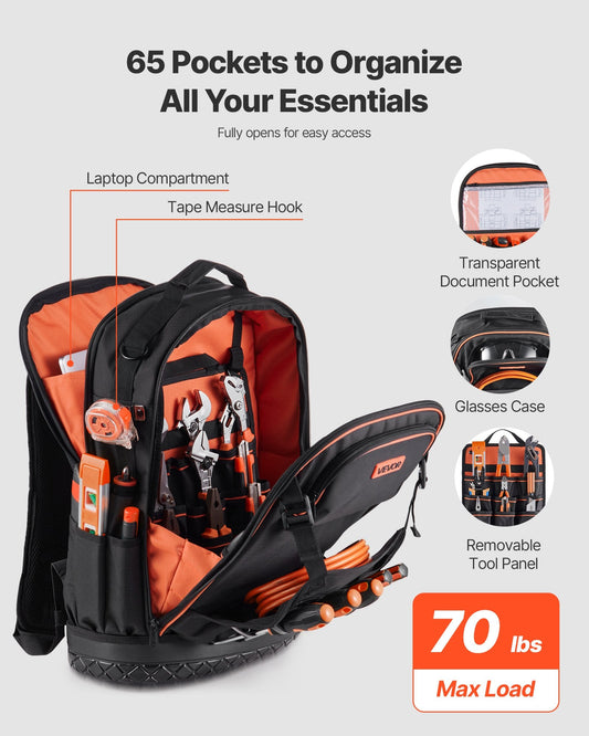 Tool Backpack, 65 Pockets, Heavy-duty Tools Storage Organizer Work Bags with Laptop Compartment & Molded Base, Electrician Jobsite Backpack for Electrician, Repairman, and HVAC Techs.