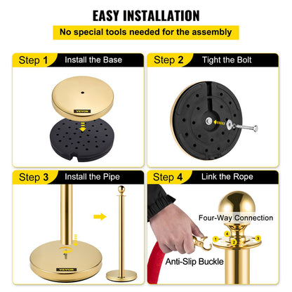 4PCS Gold Stanchion Posts Queue, 38 Inch Red Velvet Rope, Crowd Control Barriers Queue Line Rope, Barriers for Party Supplies