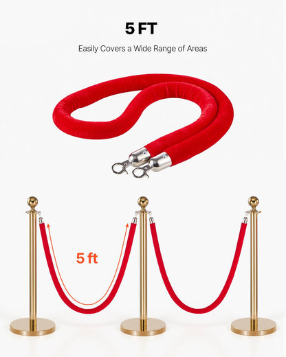 4 Pcs Red Velvet Stanchion Ropes, 1.5 m Crowd Control Stanchion Red Velvet Ropes with Silver Hooks, Post Queue Barrier Carpet Rope for Carpet Events Movie Theaters Grand Openings Hotels Party
