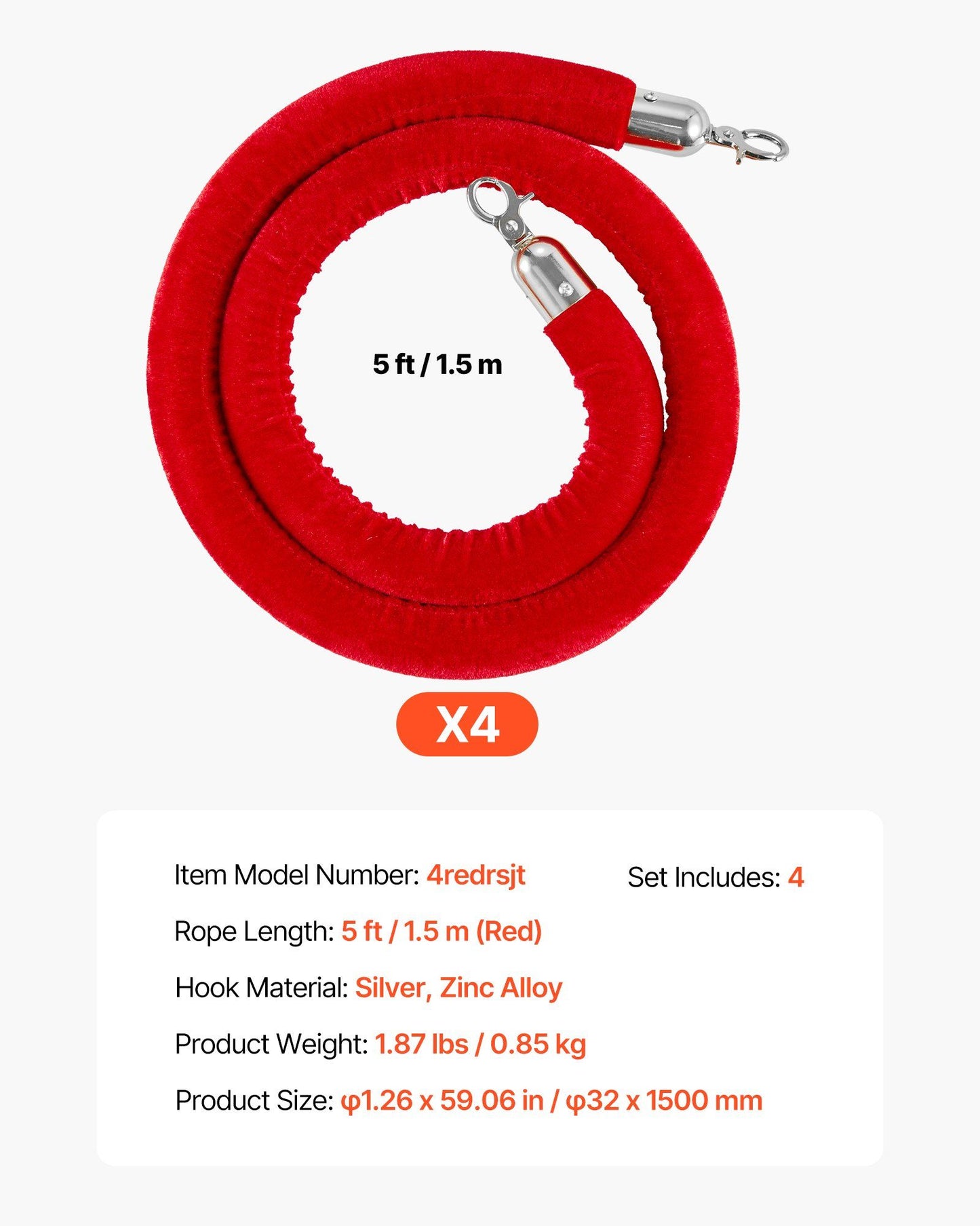 4 Pcs Red Velvet Stanchion Ropes, 1.5 m Crowd Control Stanchion Red Velvet Ropes with Silver Hooks, Post Queue Barrier Carpet Rope for Carpet Events Movie Theaters Grand Openings Hotels Party