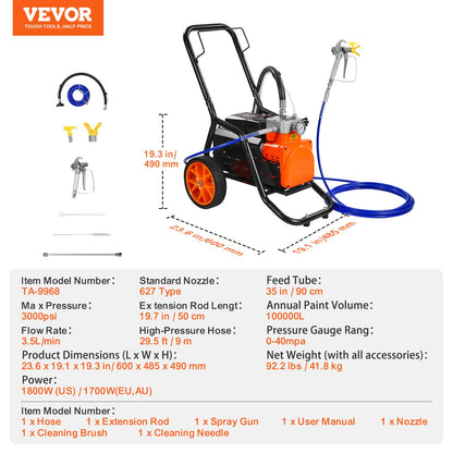 Cart Airless Paint Sprayer Diaphragm Paint Airless Sprayer 1700W Electric