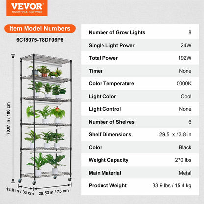 DIY Plant Stand with Grow Lights 6 Tiers 192W 70.9" Tall Plant Grow Shelf