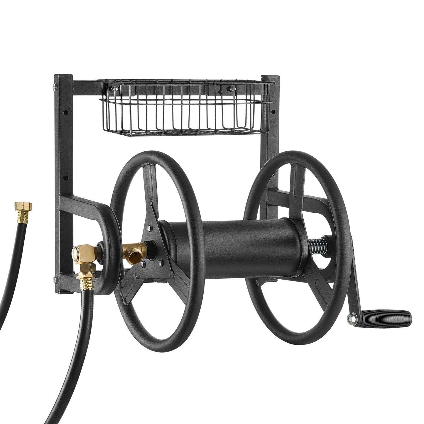 Wall Mounted Garden Hose Reel 125ft 5/8 in Metal Hose Reel with Basket.