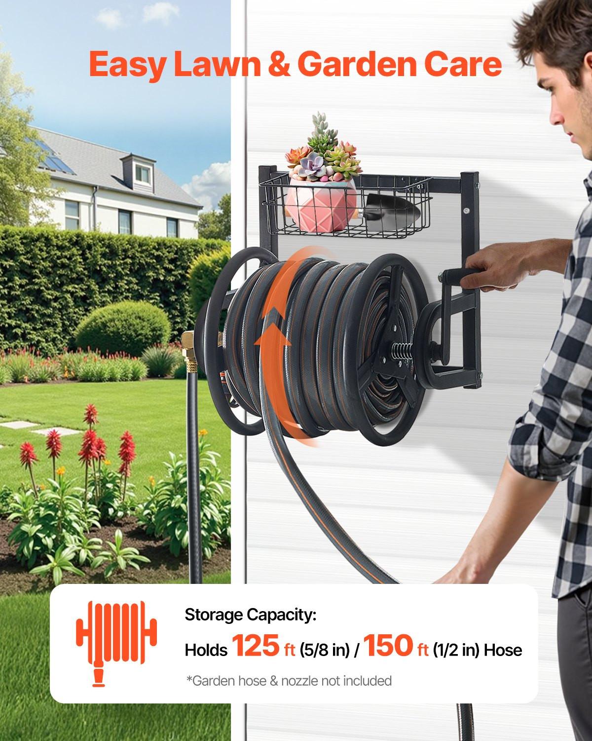 Wall Mounted Garden Hose Reel 125ft 5/8 in Metal Hose Reel with Basket.