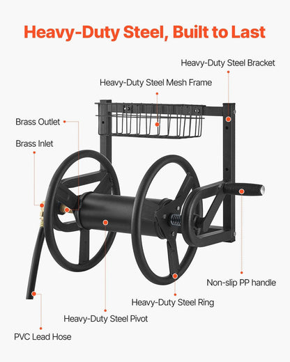 Wall Mounted Garden Hose Reel 125ft 5/8 in Metal Hose Reel with Basket.