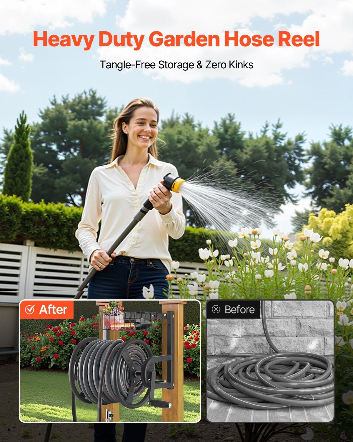 Wall Mounted Garden Hose Reel 125ft 5/8 in Metal Hose Reel with Basket.