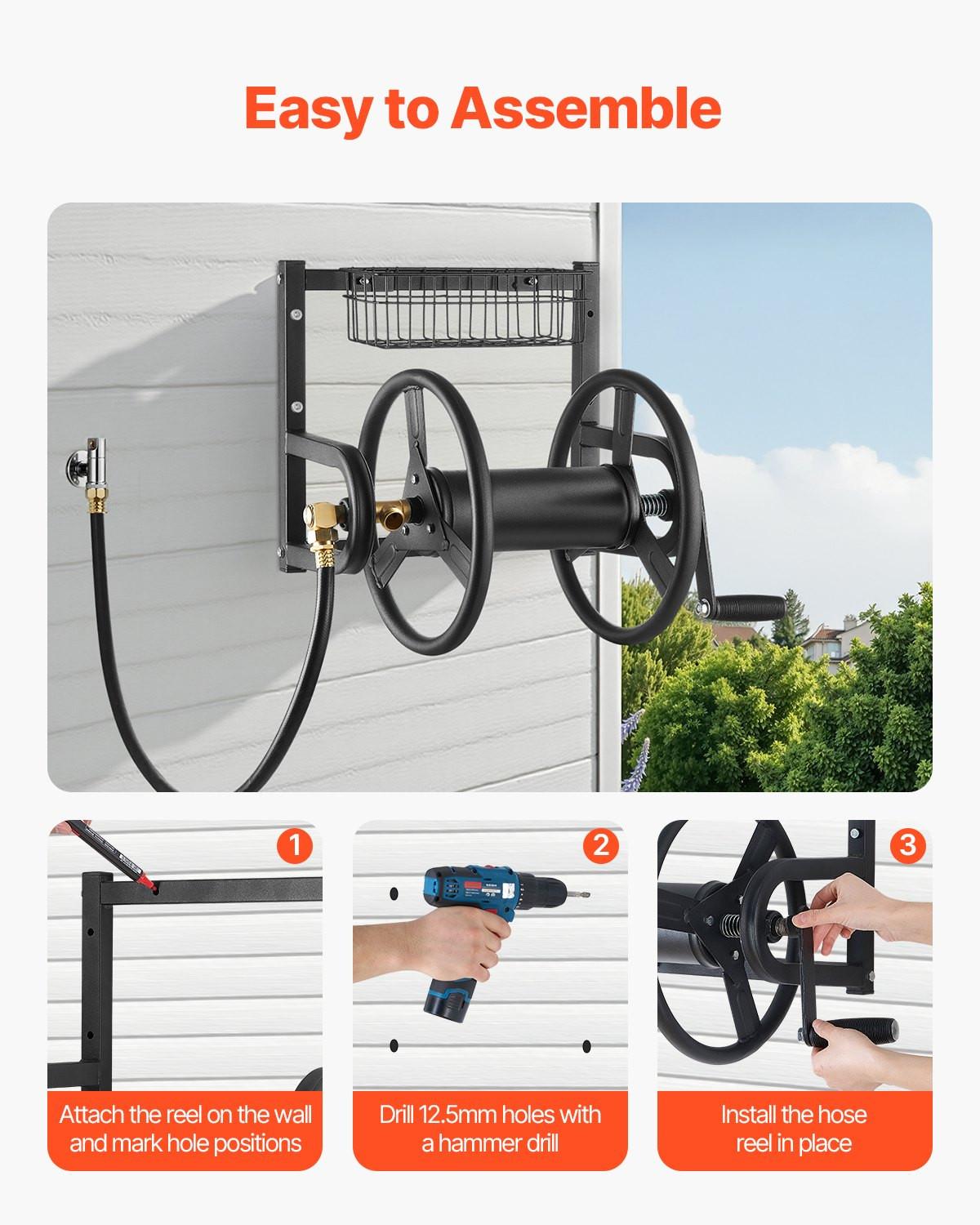 Wall Mounted Garden Hose Reel 125ft 5/8 in Metal Hose Reel with Basket.