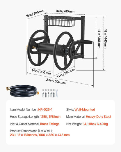 Wall Mounted Garden Hose Reel 125ft 5/8 in Metal Hose Reel with Basket.