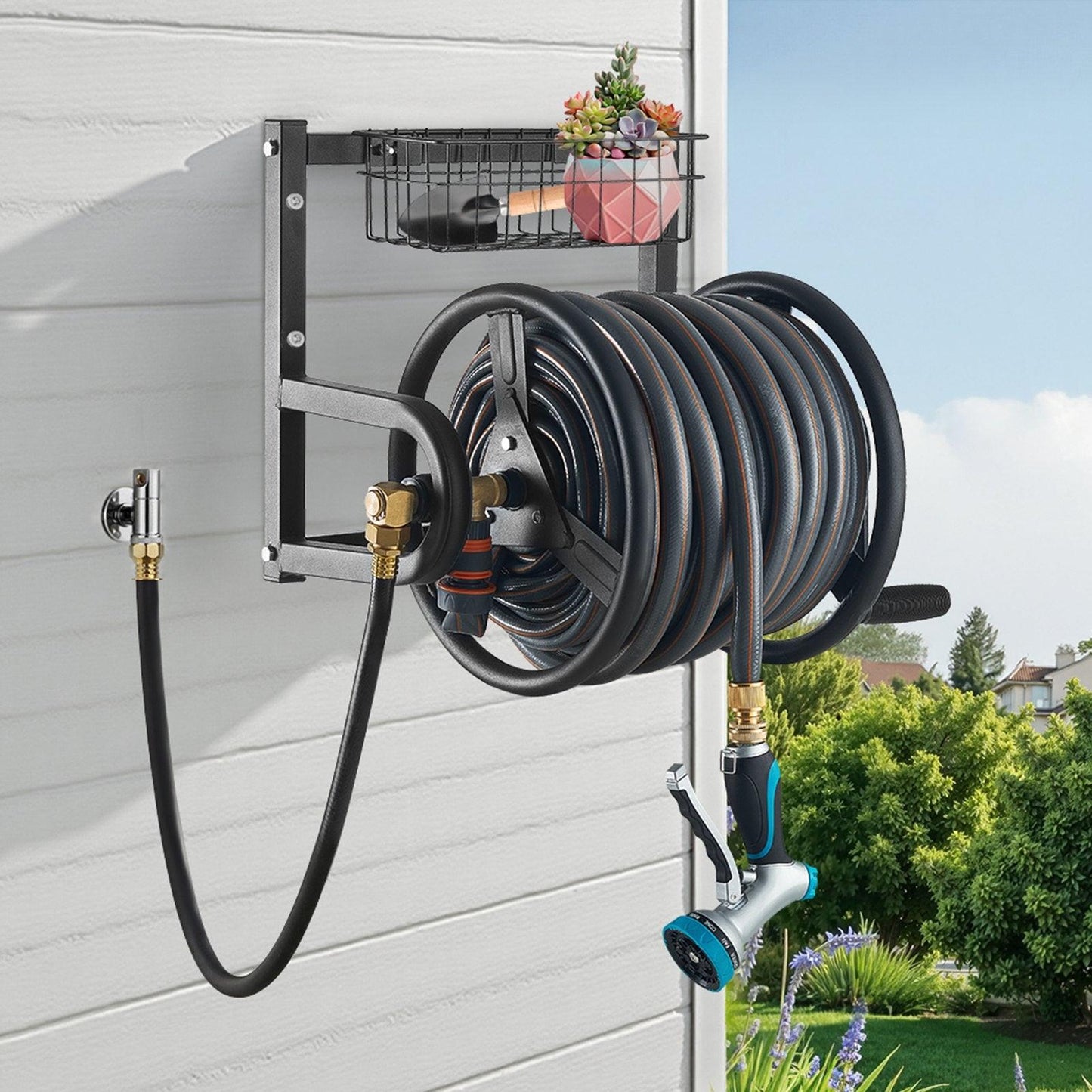 Wall Mounted Garden Hose Reel 125ft 5/8 in Metal Hose Reel with Basket.