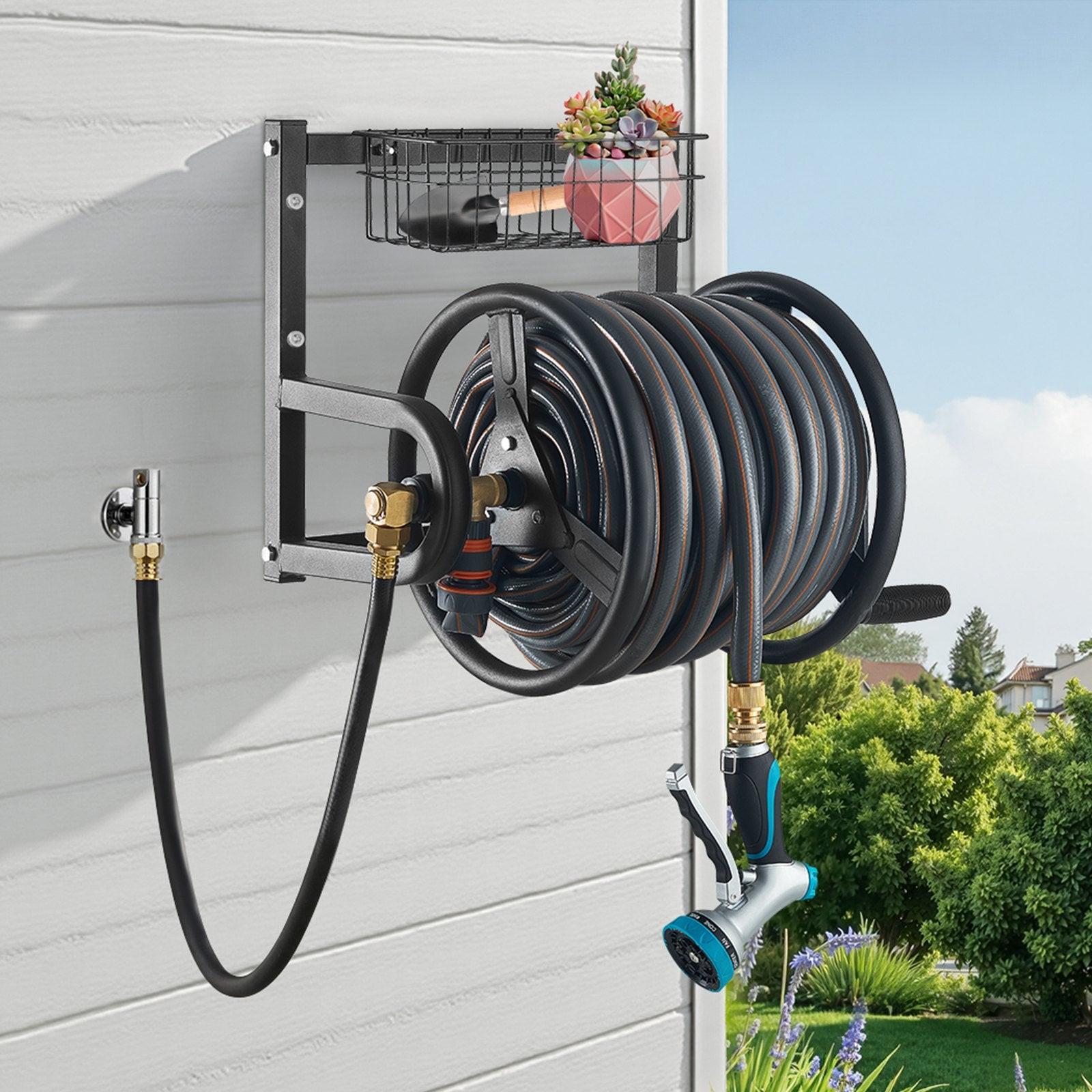 Wall Mounted Garden Hose Reel 125ft 5/8 in Metal Hose Reel with Basket.