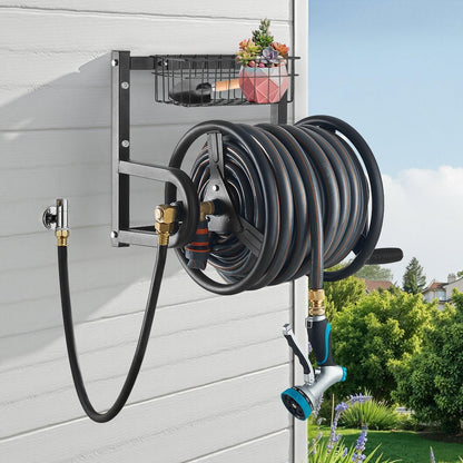 Wall Mounted Garden Hose Reel 125ft 5/8 in Metal Hose Reel with Basket.
