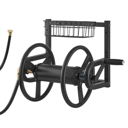 Wall Mounted Garden Hose Reel 125ft 5/8 in Metal Hose Reel with Basket.