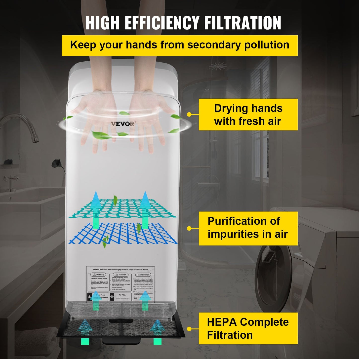 Jet Hand Dryer Blade Hand Dryer Automatic High Speed for Washroom White