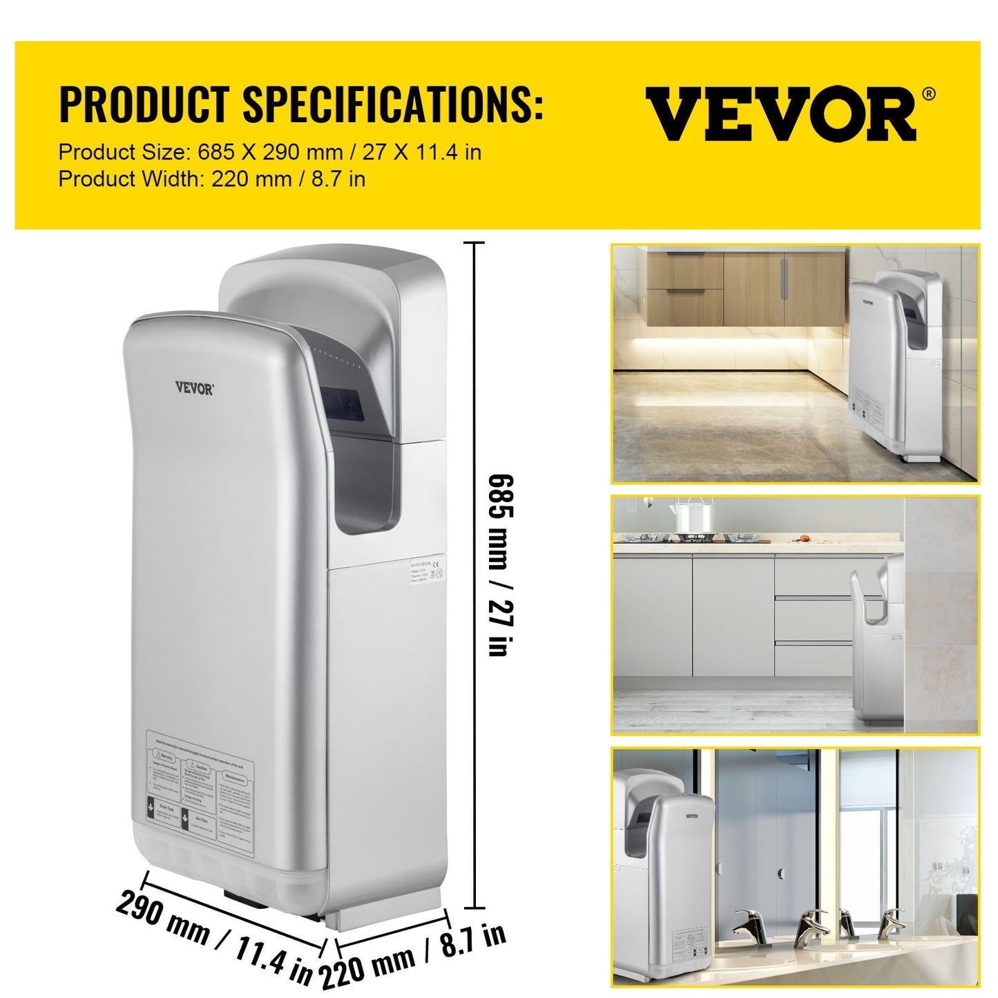 Jet Hand Dryer Blade Hand Dryer Automatic High Speed for Washroom Silver