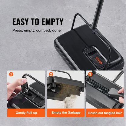 Carpet Sweeper, 200 mm Sweeping Paths, Floor Sweeper Manual Non Electric, 300 ml Dustbin Capacity with Comb for Home Office Rugs Hardwood Surfaces Wood Floors Laminate, Cleans Dust Pet Hair