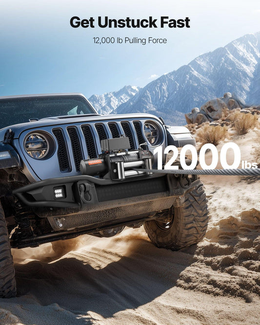 Electric Winch, 5400 kg Load Capacity, 12V DC Truck Winch with Î¦9.1 mm x 26 m Steel Rope, Wireless & Wired Remote Control, Suitable for Towing SUV Jeep Trailer Boat Off-Road Vehicle.