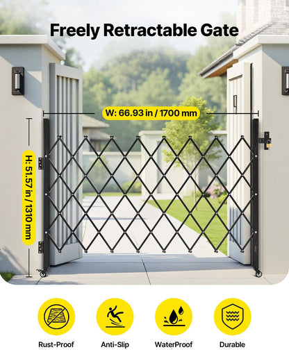 Single Folding Security Gate, Lockable Scissor Gate with 360 degree Swivel Casters, Outdoor Barricade Steel Retractable Gates, for Entry Security, Garage, Warehouse & Pool, 1700 x 1310 mm (W x H)