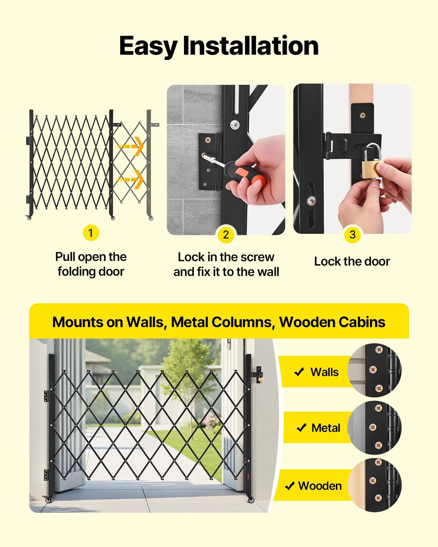 Single Folding Security Gate, Lockable Scissor Gate with 360 degree Swivel Casters, Outdoor Barricade Steel Retractable Gates, for Entry Security, Garage, Warehouse & Pool, 1700 x 1310 mm (W x H)