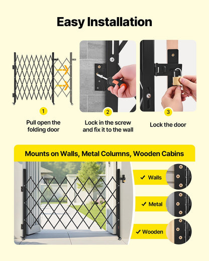 Single Folding Security Gate, Lockable Scissor Gate with 360 degree Swivel Casters, Outdoor Barricade Steel Retractable Gates, for Entry Security, Garage, Warehouse & Pool, 1700 x 1310 mm (W x H)