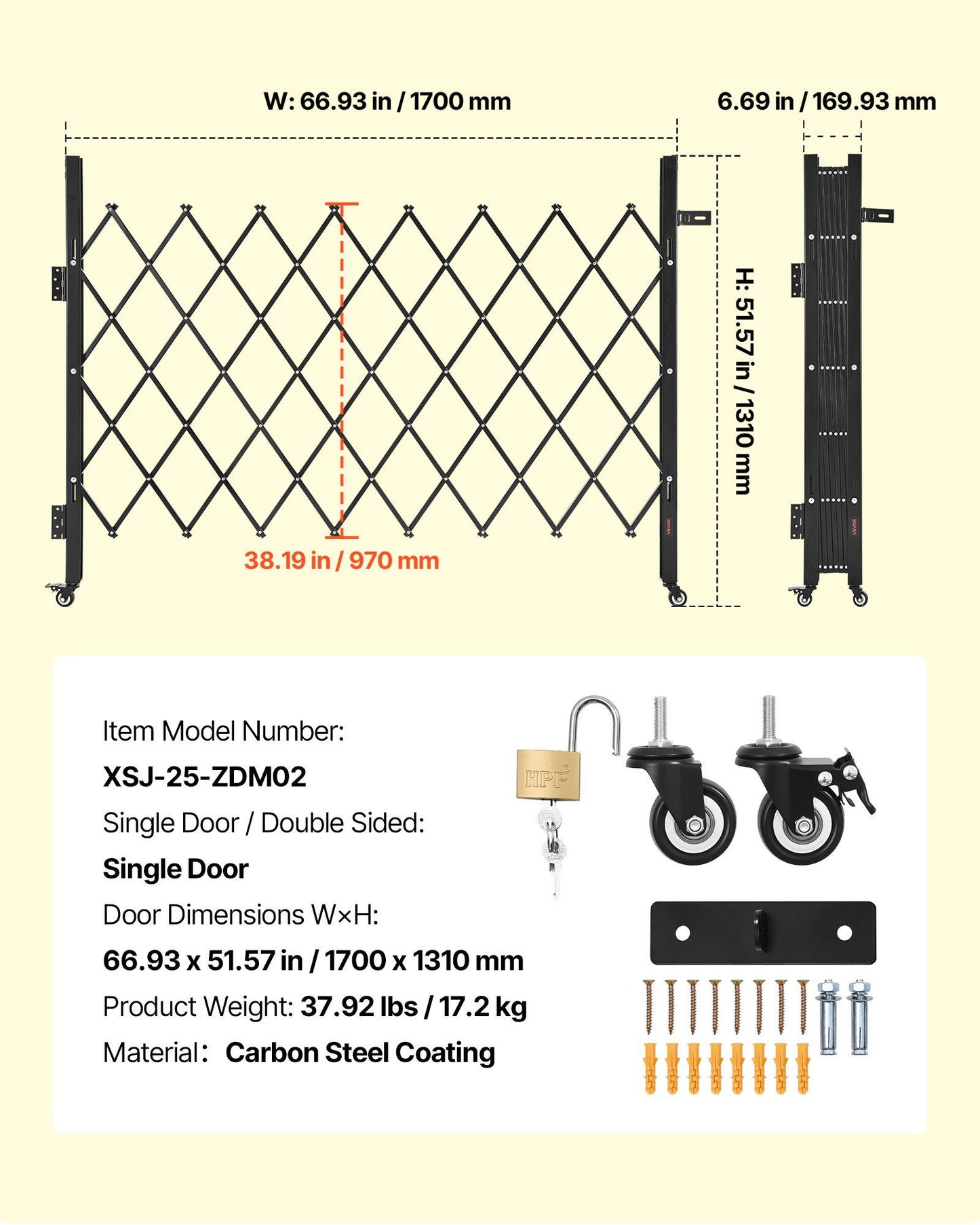 Single Folding Security Gate, Lockable Scissor Gate with 360 degree Swivel Casters, Outdoor Barricade Steel Retractable Gates, for Entry Security, Garage, Warehouse & Pool, 1700 x 1310 mm (W x H)