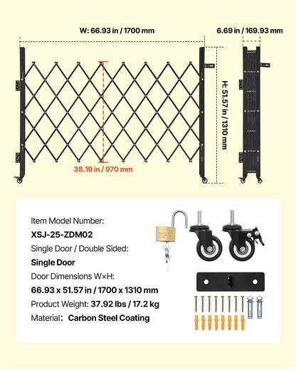 Single Folding Security Gate, Lockable Scissor Gate with 360 degree Swivel Casters, Outdoor Barricade Steel Retractable Gates, for Entry Security, Garage, Warehouse & Pool, 1700 x 1310 mm (W x H)