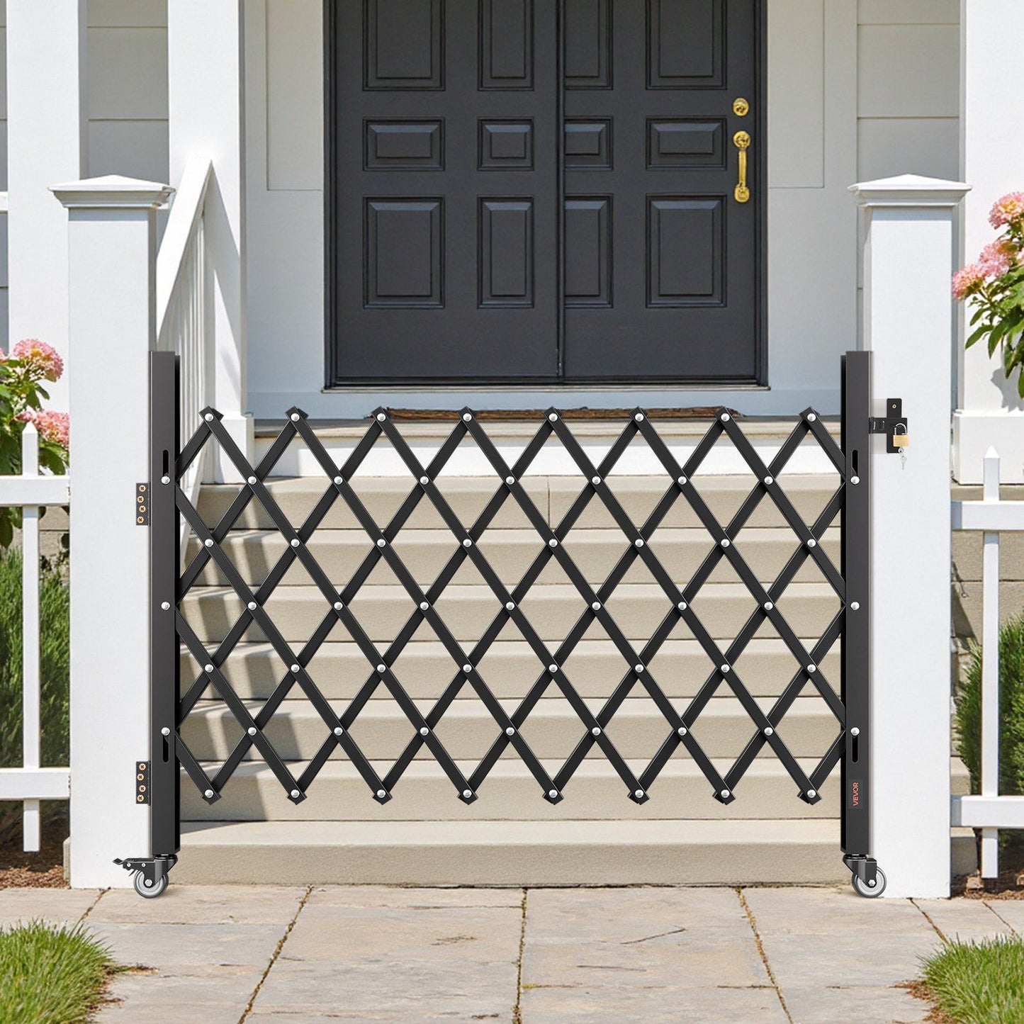 Single Folding Security Gate, Lockable Scissor Gate with 360 degree Swivel Casters, Outdoor Barricade Steel Retractable Gates, for Entry Security, Garage, Warehouse & Pool, 1700 x 1310 mm (W x H)
