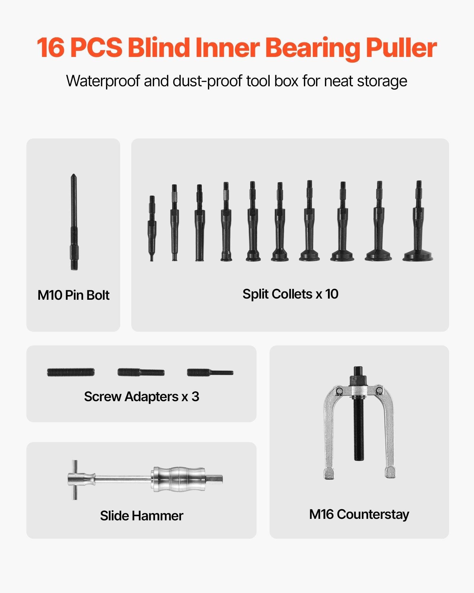Blind Hole Bearing Puller Set, 16-in-1 Inner Bearing Race and Seal Extractor Kit, 16 PCS Slide Hammer Pilot Insert Inner Internal Bearing Removal Tool Set with 10 Split Collets and Counterstay.