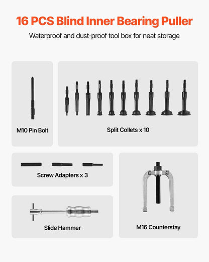 Blind Hole Bearing Puller Set, 16-in-1 Inner Bearing Race and Seal Extractor Kit, 16 PCS Slide Hammer Pilot Insert Inner Internal Bearing Removal Tool Set with 10 Split Collets and Counterstay.