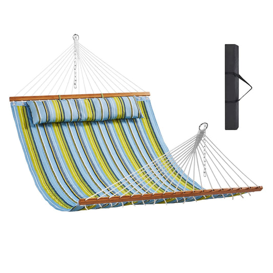 Double Quilted Fabric Hammock, 12 FT Double Hammock with Hardwood Spreader Bars, 2 Person Quilted Hammock with Detachable Pillow and Chains for Camping Outdoor Patio Yard Beach, 480 lbs Capacity.