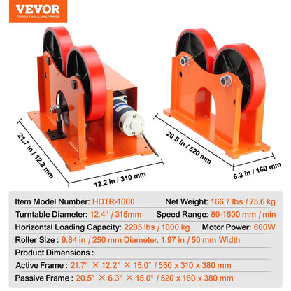 Turning Rolls Linkage Roller, 1000KG/2205LBS Loading Welding Turning Roll, 25-1400mm Diameter, 80-1600 mm/min Rotary Welding Positioner & Welding Torch Stand for Welding Equipment Support