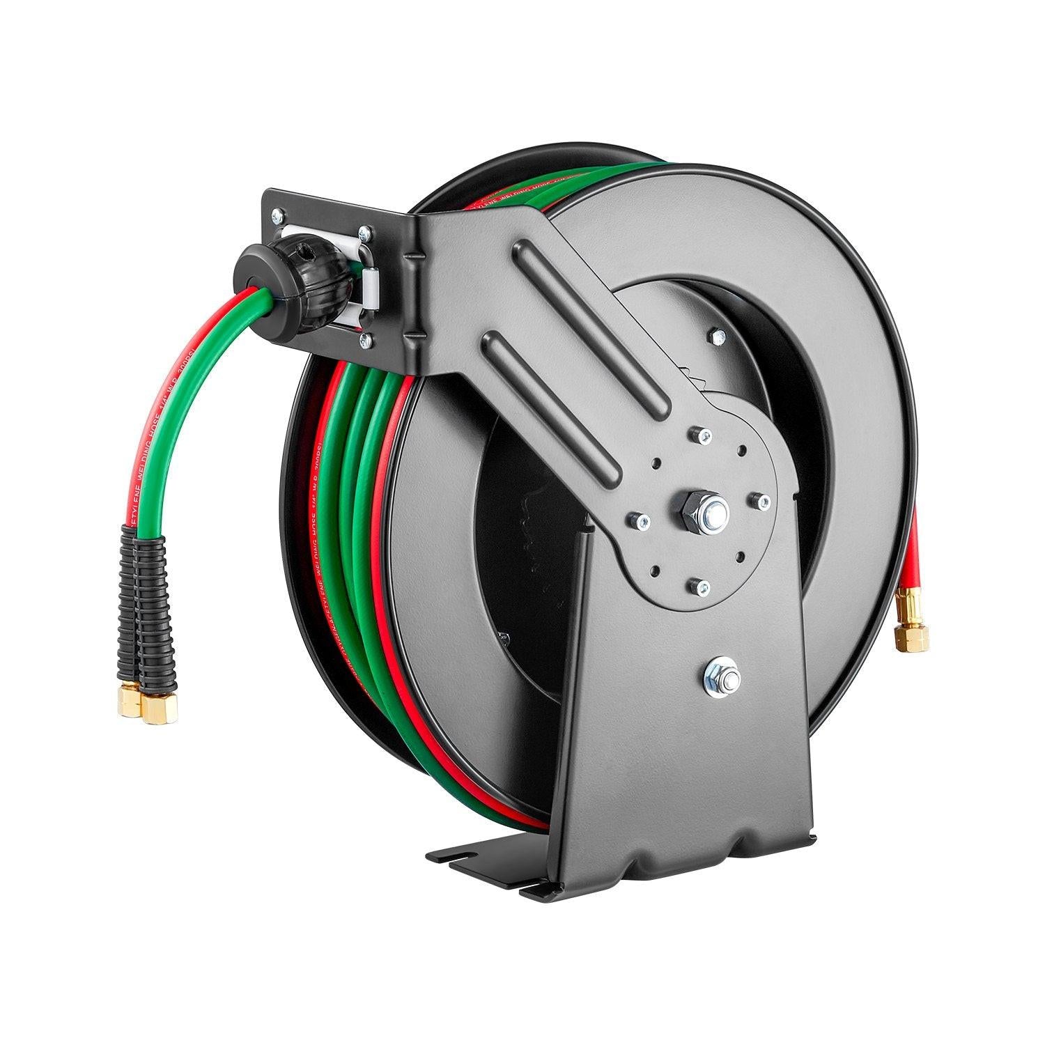 Retractable Welding Hose Reel, 1/4-Inch x 50FT Twin Oxygen Acetylene Rubber Hose Max 300PSI - T Grade, Ceiling/Wall Mount Heavy Duty Steel Hose Reel Auto-Rewind, Ideal for Workshops Garages.