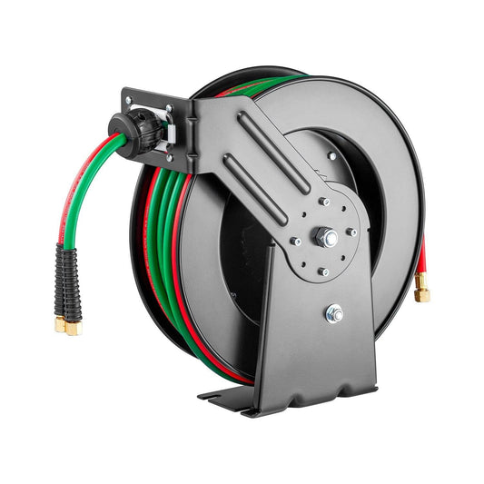 Retractable Welding Hose Reel, 1/4-Inch x 50FT Twin Oxygen Acetylene Rubber Hose Max 300PSI - T Grade, Ceiling/Wall Mount Heavy Duty Steel Hose Reel Auto-Rewind, Ideal for Workshops Garages.